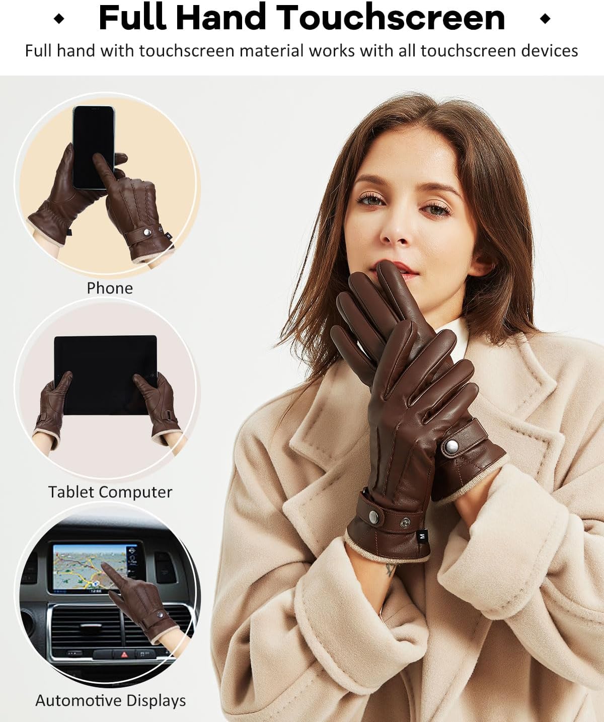 Aegend Winter Gloves Women Leather Gloves, Full Hand Touchscreen Winter Gloves for Phone&Tablet,Anti-Slip for Driving&Outdoor - Image 3