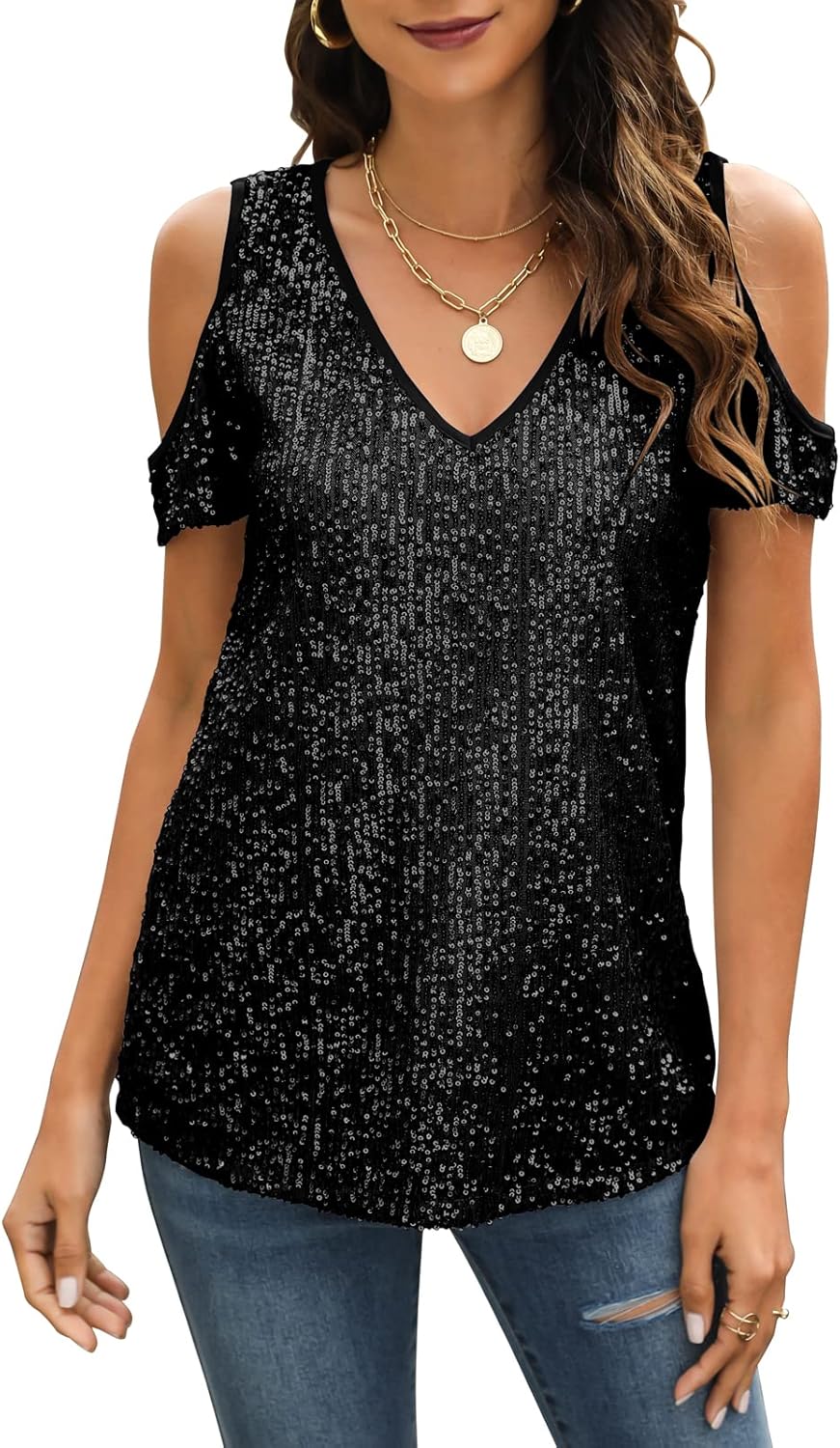 Sequin Tops Women Sparkly Shirt: Party Top Sparkle Shirts Glitter Cold Shoulder V Neck Blouses Evening Club Outfits - Image 3