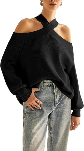 Women Halter Cross Over Collar Shoulder Sweater Loose Fit Solid Color Knit TopsBlack-S