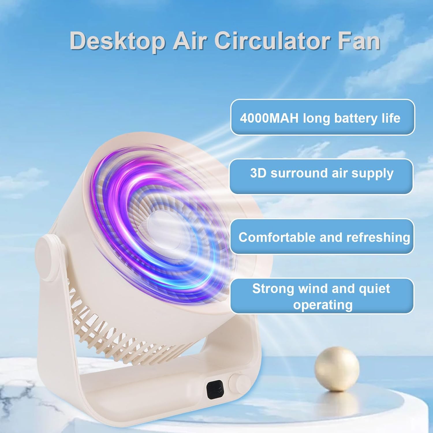 Air Circulator Fan, Desk Rechargeable USB Fan 4000mAh Battery Operated Quiet Desktop Air Circulator for Bedroom Home Office