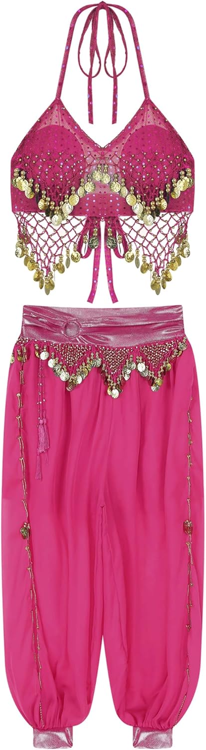 iiniim Womens Belly Dance Sequins Sparkly Bra Crop Top with Harem Pants Bloomer Bell-Bottom Trouser