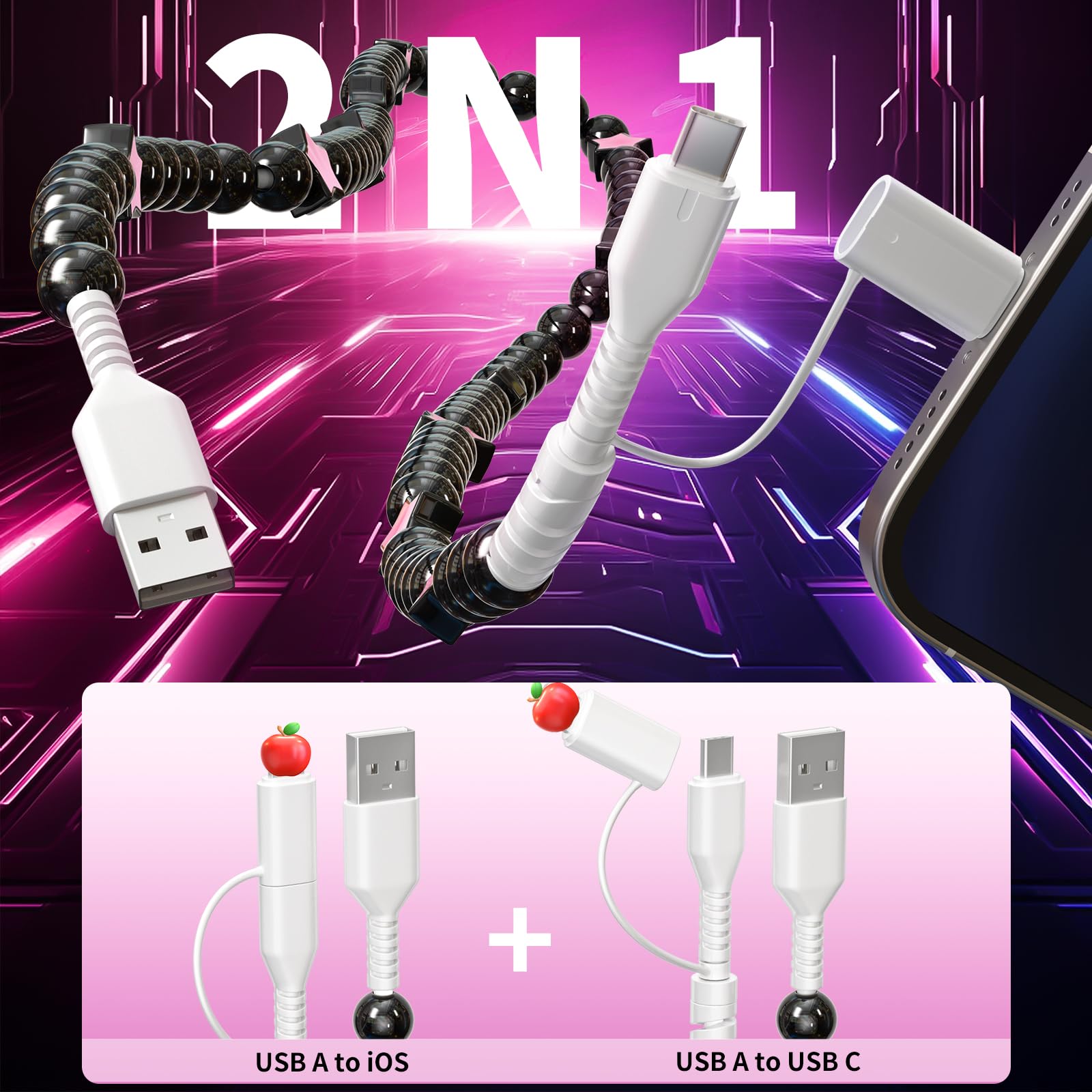 VOFUOE USB C Kabel für iPhone 17 Ladekabel USB A auf Typ C Kabel 2 in 1 Multi Ladekabel Star Beaded Charger Cable 3.3FT Fast Charging for iPhone 16/15, Galaxy S24/S25 Ultra-Black & Pink