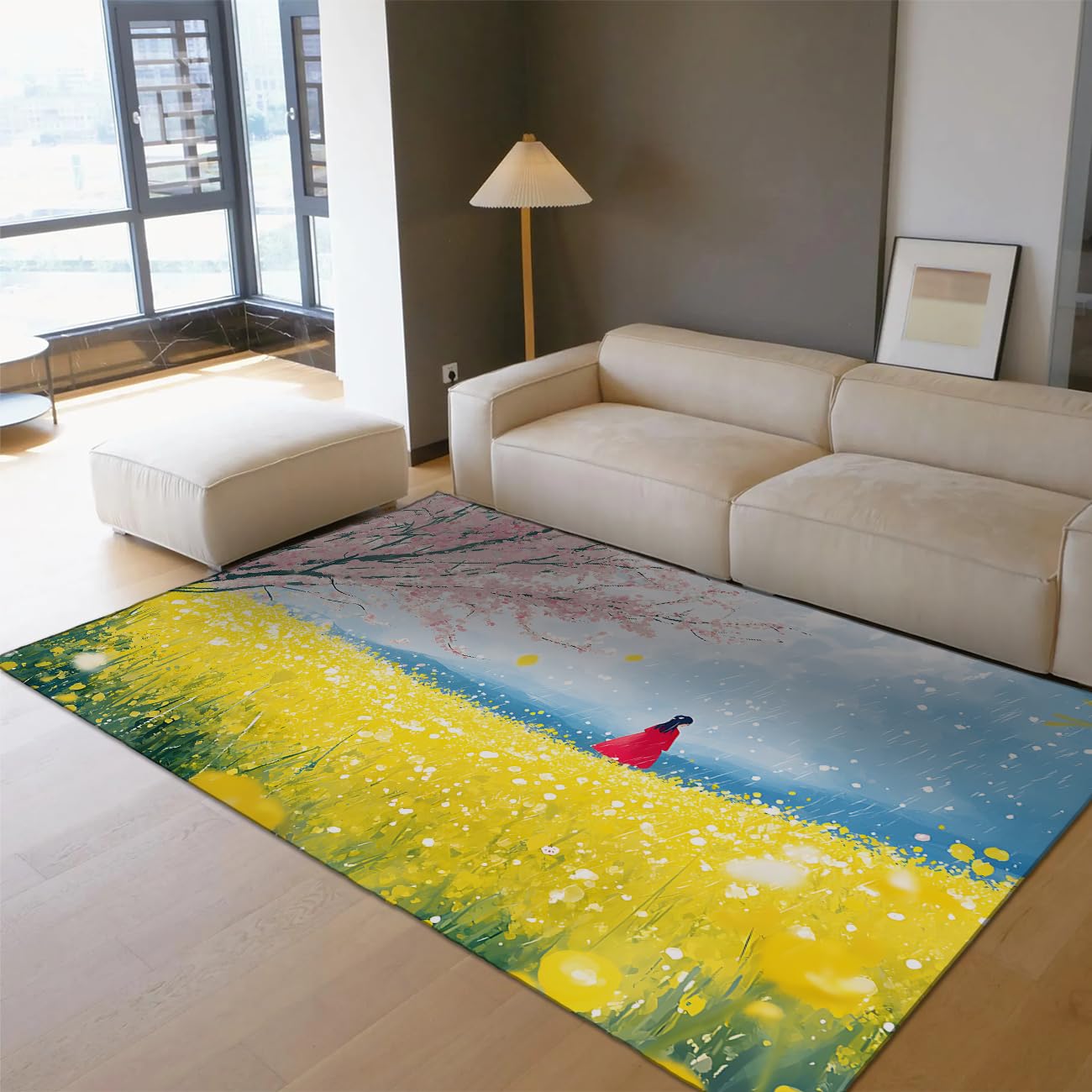 Tapis fleur sauvage jaune dans une chambre de fille ou un salon lumineux
