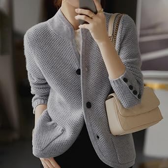 Women's Knitted Cardigan Jacket with Button,Women's Casual Long Sleeve Button Down Cardigan Sweater Knit Outwear,Stand Neck Loose Knit Sweater Jacket (Camel,M)
