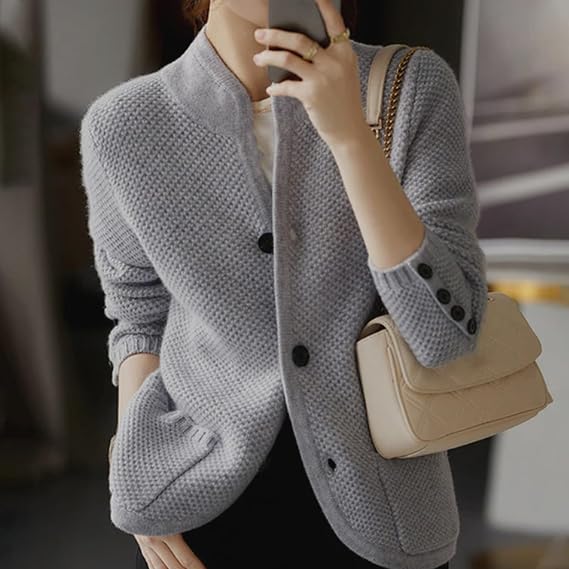 Women's Knitted Cardigan Jacket with Button,Women's Casual Long Sleeve Button Down Cardigan Sweater Knit Outwear,Stand Neck Loose Knit Sweater Jacket (Camel,M)