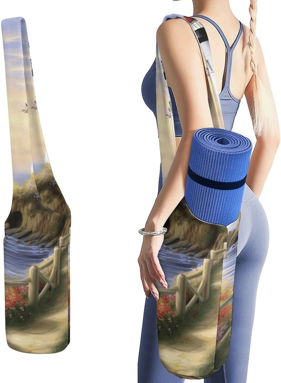 Lighthouse Diamond Painting Yoga Mat Bag Yoga Backpack Multi Pocket Exercise Yoga Mat Carrier Multi-Functional Storage Bag for Pilates Beach Travel And Everyday Use