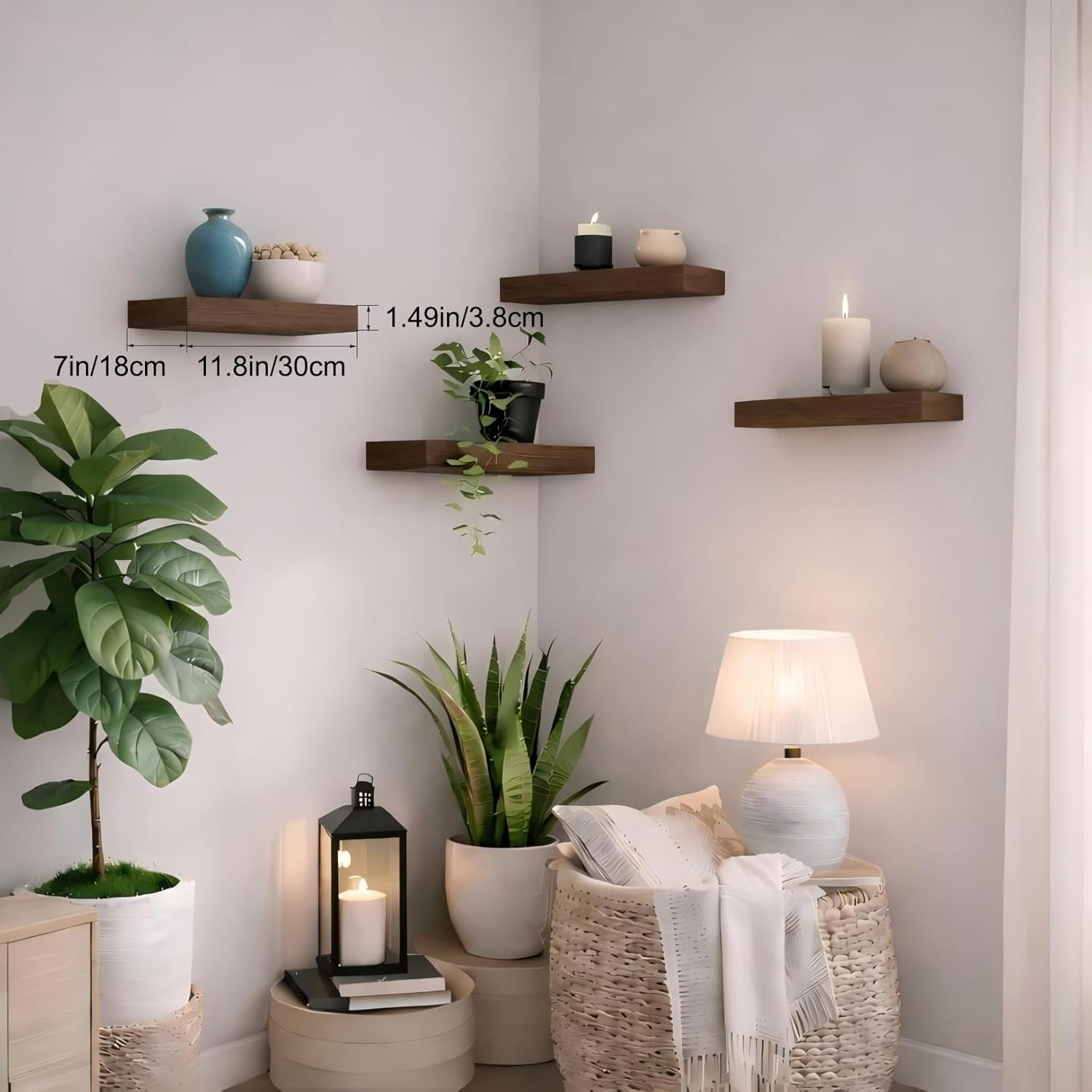 Floating Shelves for Wall, 11.8" Small Wall Mounted Shelves, Modern Luxury Elegant Display for Bathroom Over Toilet, Bedroom, Study Room, Set of 2, Walnut