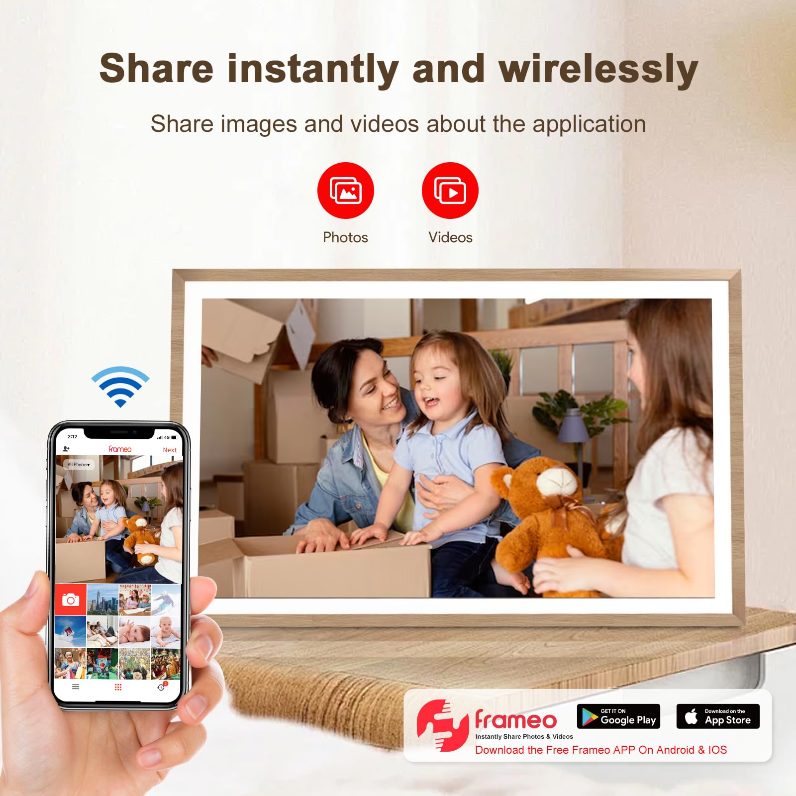 Frameo Digitaler Bilderrahmen 15,6 Zoll WLAN,1920x1080 FHD IPS Touchscreen Smart Fotorahmen Groß mit 32GB WALN Fernfreigabe von Fotos und Videos mit Kalender Wetter Musik