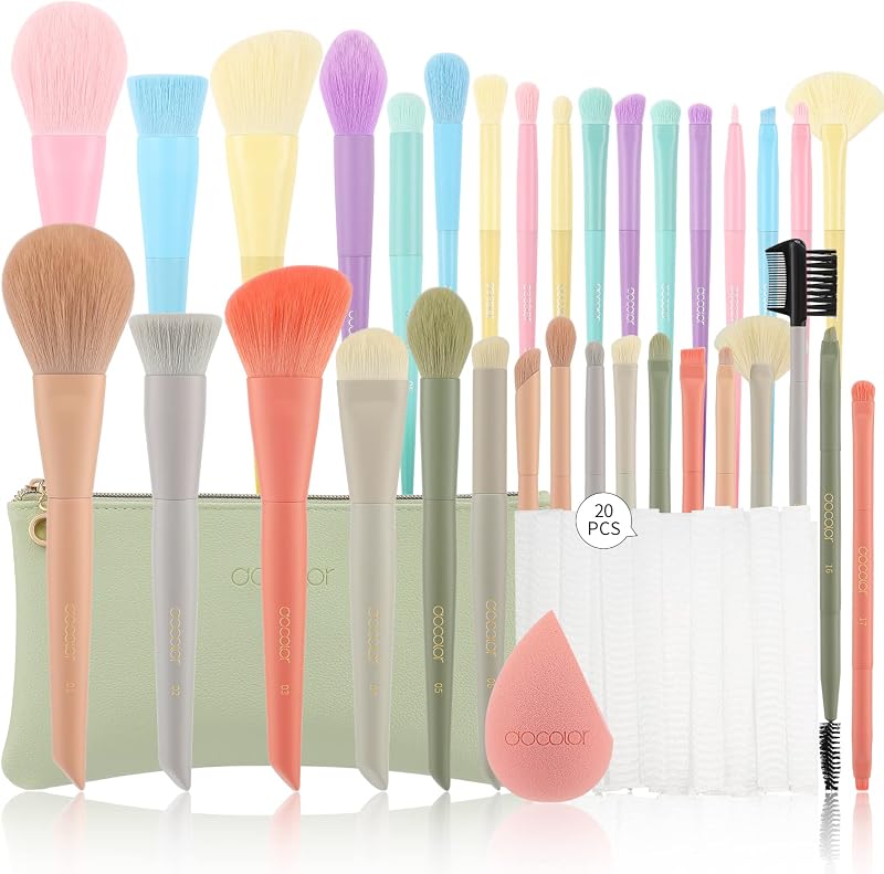 Juego de 17 brochas de maquillaje coloridas Docolor + Juego de 17 brochas de maquillaje Morandi con bolsa de maquillaje y esponja de maquillaje y protector de brocha