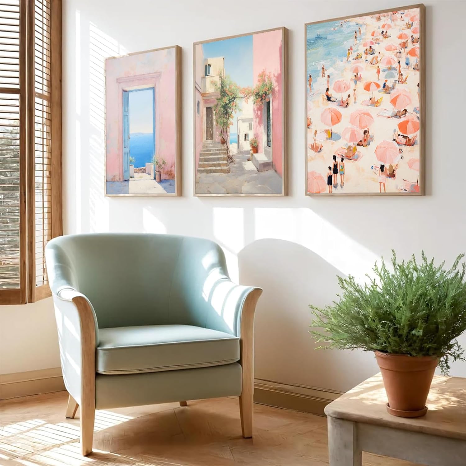 3Pcs Trendy Pink Beach Wall Art Pastel Preppy Coastal Ocean Painting Picture Wall Decor Retro Sea Beachy Scene Canvas Posters Print Artwork for Teen Girl Dorm Girls Room Aesthetic Decor 16x24in Poster