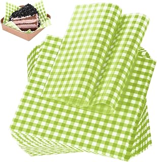 100 Pieces Wax Paper Sheets 7x7 Inch, Food Basket Liners Deli Wax Paper Sheets for Wrapping Bread Sandwiches Fries, Green Checkered