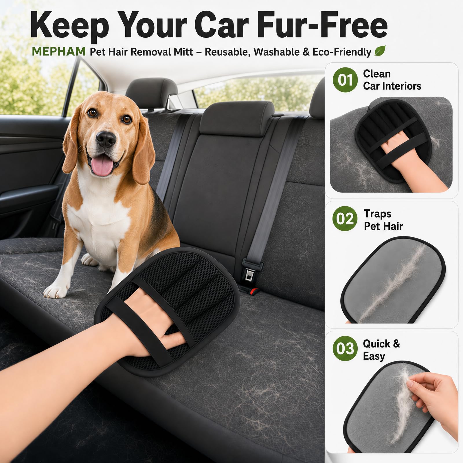Mepham Tierhaarentferner Handschuh - Fellmagnet für Katzenhaare & Hundehaare, Doppelseitiger Haarentferner Tierhaare, Waschbar & Wiederverwendbar, Fusselhandschuh für Sofa, Kleidung & Auto
