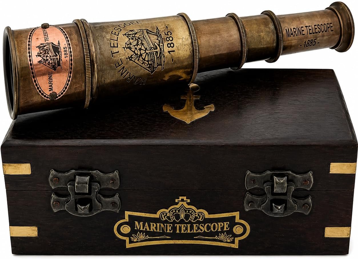 Marine Telescope Nautical Handheld Pirate Brass Telescope with Box/Case, Sailor Home Decor Pirate Captain Boat Toy Gift (14") Rustic Vintage Home Decor.