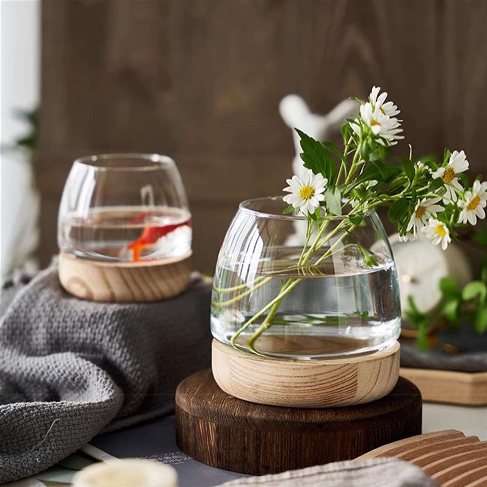 Aquarium Aquarium, klares Glas, rundes Aquariumbecken mit Holzsockel, ökologisches Aquarium, Zierfische, spezielles einfaches Aquarium for kleine Aquarien Fischtank (Size : Small)