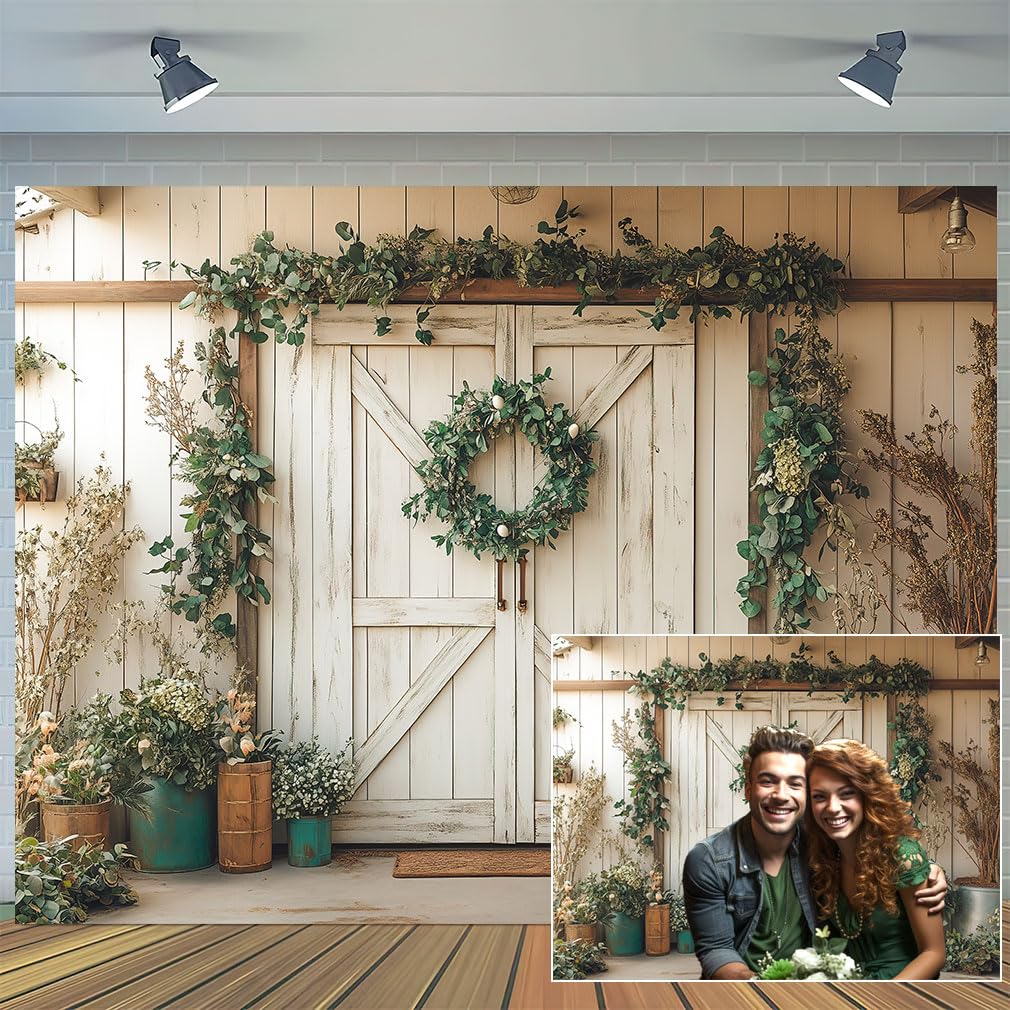 Rustic Barn Door Photography Backdrops, White Painted Brick Wall Wood Door Green Leaves Garden Photo Backgrounds, Kids Family Portrait Baby Shower