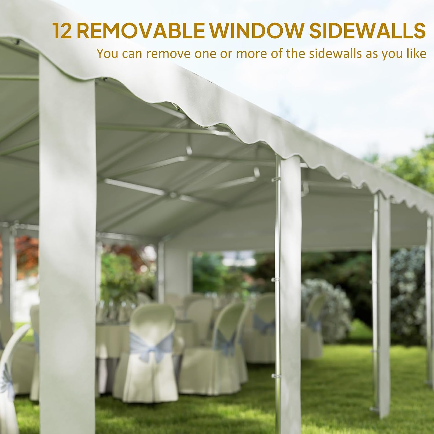 Close-up of 12 windows and removable sidewalls on party tent showing natural light and flexible configuration