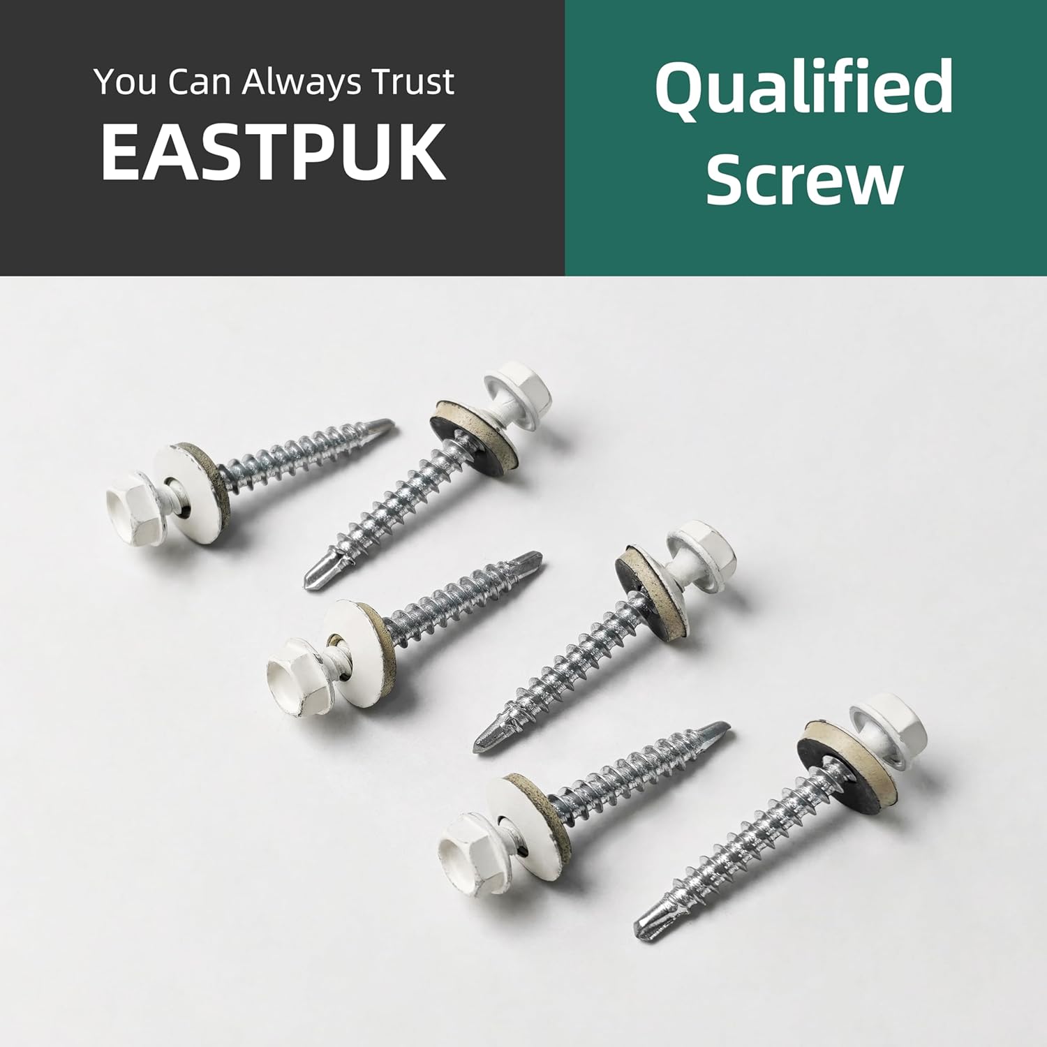 300Pcs #10 x 1-1/2 Inch Hex Head Metal Roofing Screws, WhiteCoated Hex Head Metal Roof Screws with Rubber Washer, Construction Self Tapping Screw with Hex Socket