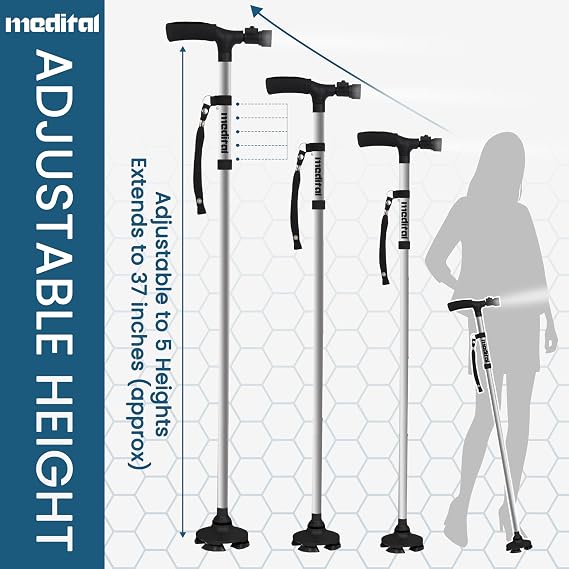 MEDITAL Folding Walking Stick with LED Light - 84.5-94.5cm Adjustable Walking Cane - Foldable Walking Stick for Men & Women with Extra Wide Pivoting Base - Comfortable Grip & Self-Standing Design