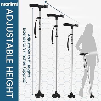 MEDITAL Folding Walking Stick with LED Light - 84.5-94.5cm Adjustable Walking Cane - Foldable Walking Stick for Men & Women with Extra Wide Pivoting Base - Comfortable Grip & Self-Standing Design