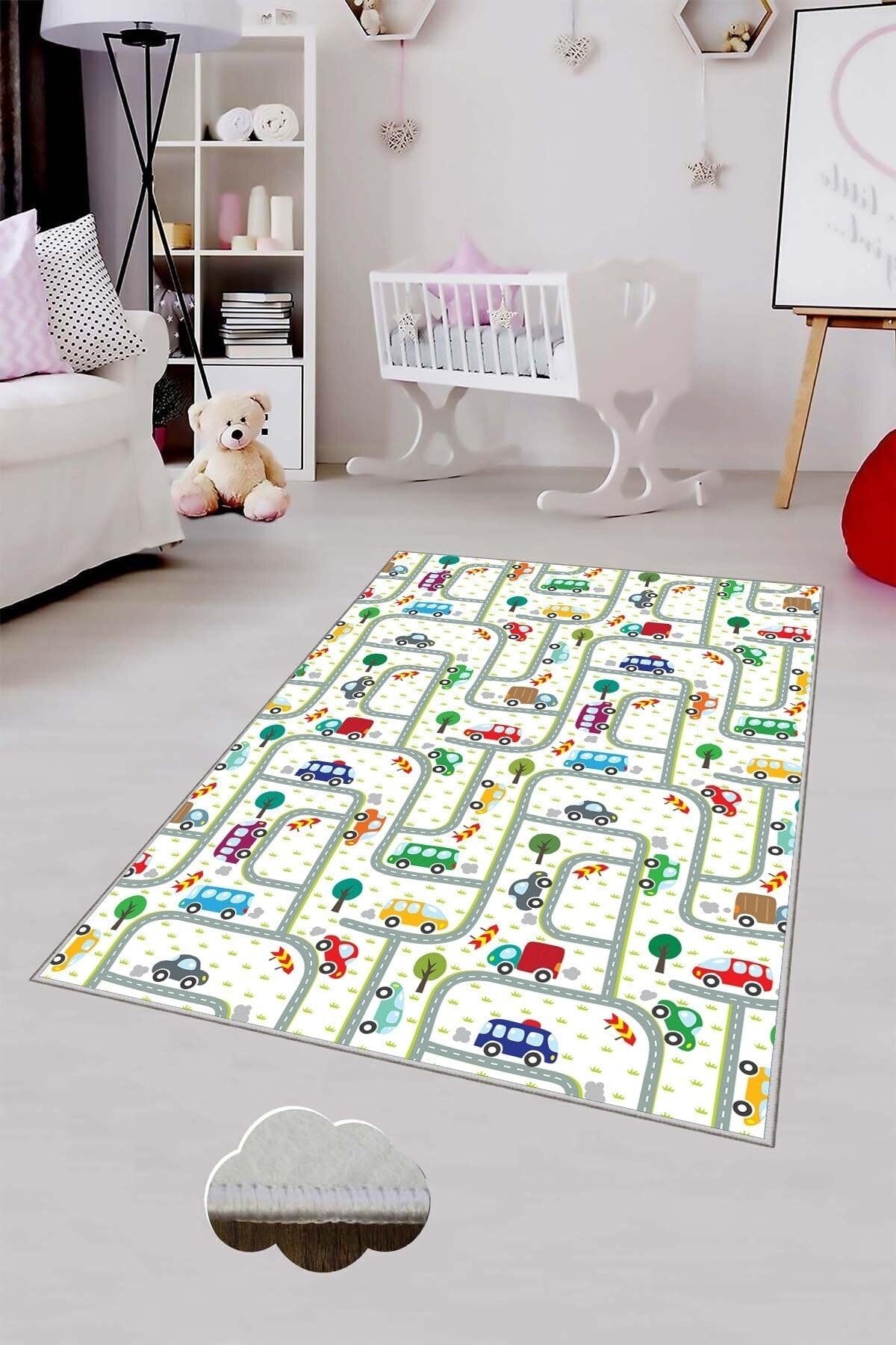 Pelangi Beyaz Araba Yollu Yıkanabilir Kaymaz Taban Leke Tutmazbebek Ve Çocuk Odası Halısı, Beyaz 120 x 200