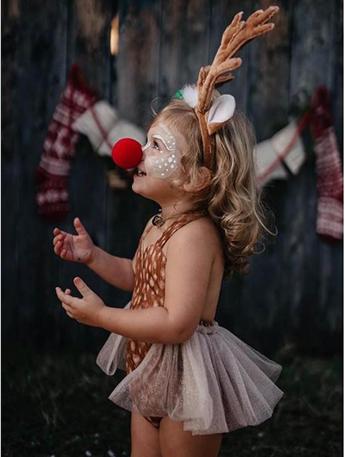 Baby Girls Christmas Deer Costume Romper Tutu Dress with Antlers Headband Newborn Xmas Reindeer Cosplay Outfit Set
