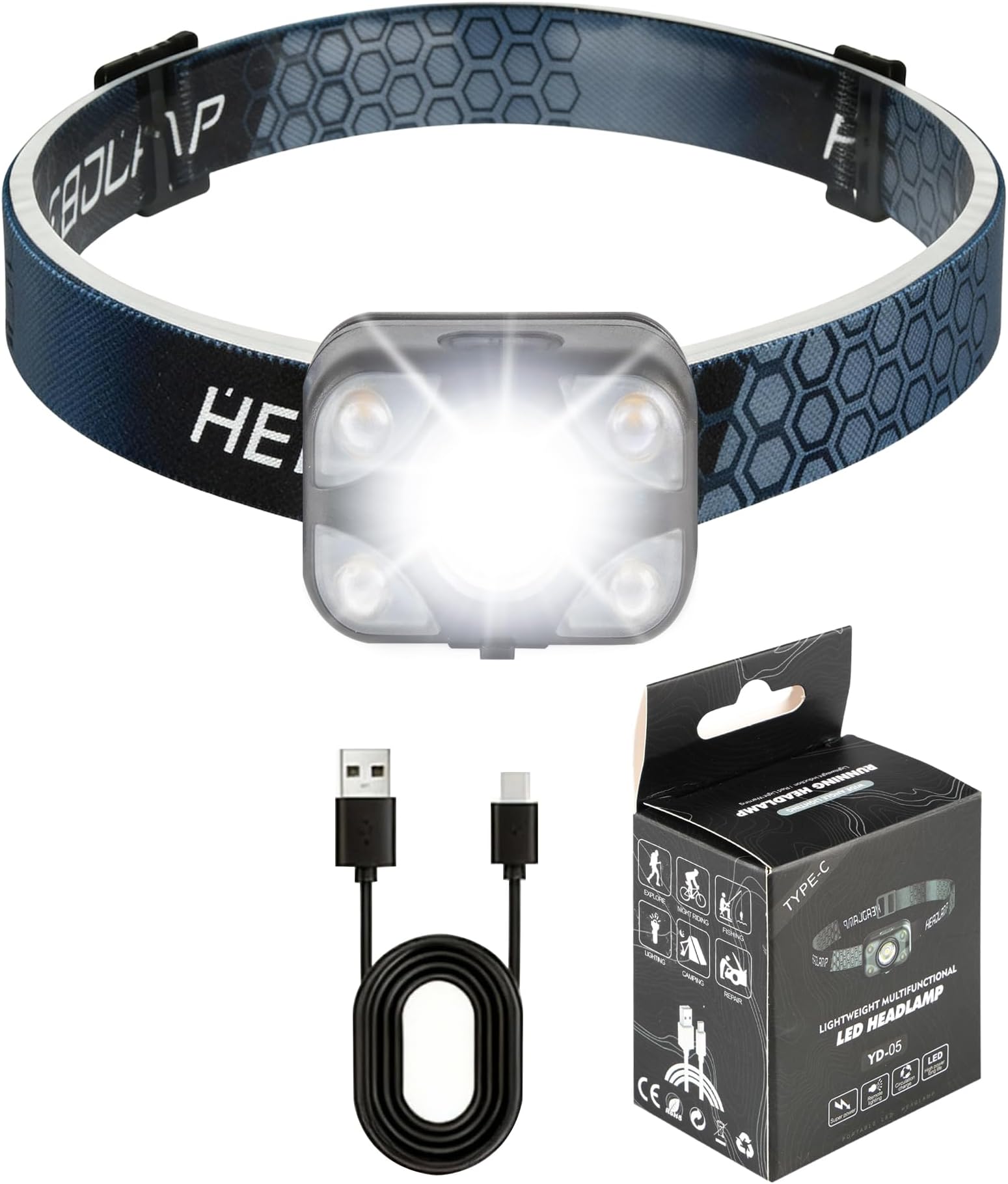 Head Torch Rechargeable, 2000 Lumens Super Bright LED Head Torch with 4 Modes USB-C Charging, Waterproof Lightweight Headlight for Camping, Outdoors, Emergency, Running [Energy Class A+++]