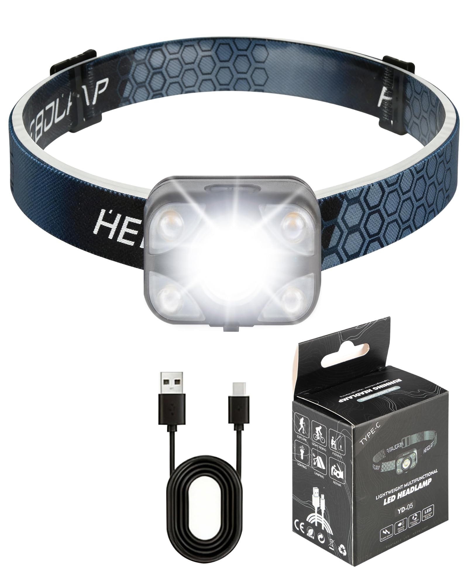 FitDA Head Torch Rechargeable, 2000 Lumens Super Bright LED Head Torch with 4 Modes USB-C Charging, Waterproof Lightweight Headlight for Camping, Outdoors, Emergency, Running [Energy Class A+++]