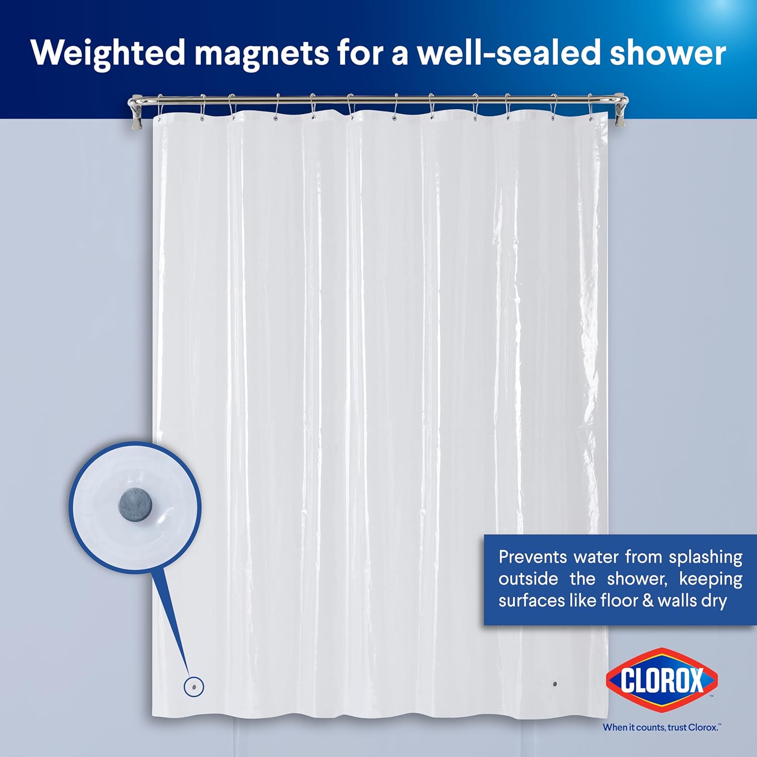 Clorox Shower Curtain Liner, Premium Medium-Weight Durable Waterproof 6g PEVA for Bathroom with Weighted Magnets, Standard Size 72" x 72", Clear 2 Pack