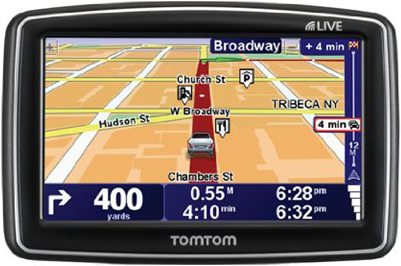 TomTom XL 340S screen displaying a detailed map with current location, route, and navigation information.