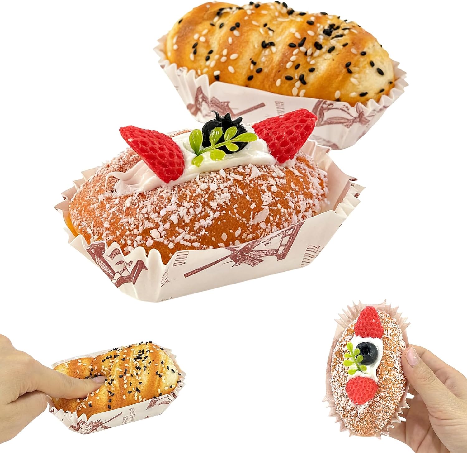 2 Pack Realistic Simulated Bread Squishy Toys - Ultra Slow Rising Scented Fake Pastry Food Model - Soft Sensory Fidget for Office Desk Decor, Photography Props & Aesthetic Gift for Teens and Adults