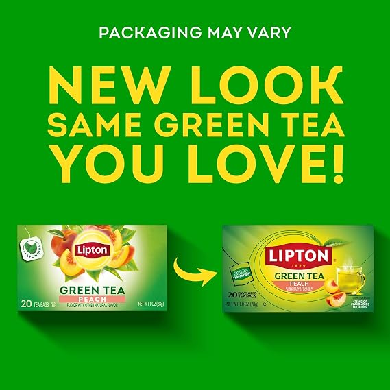 Lipton Peach Green Tea Bags, Flavored, Unsweetened Teabags for Hot Tea or Peach Iced Tea with Caffeine and Flavonoids, 20 Total Tea Bags