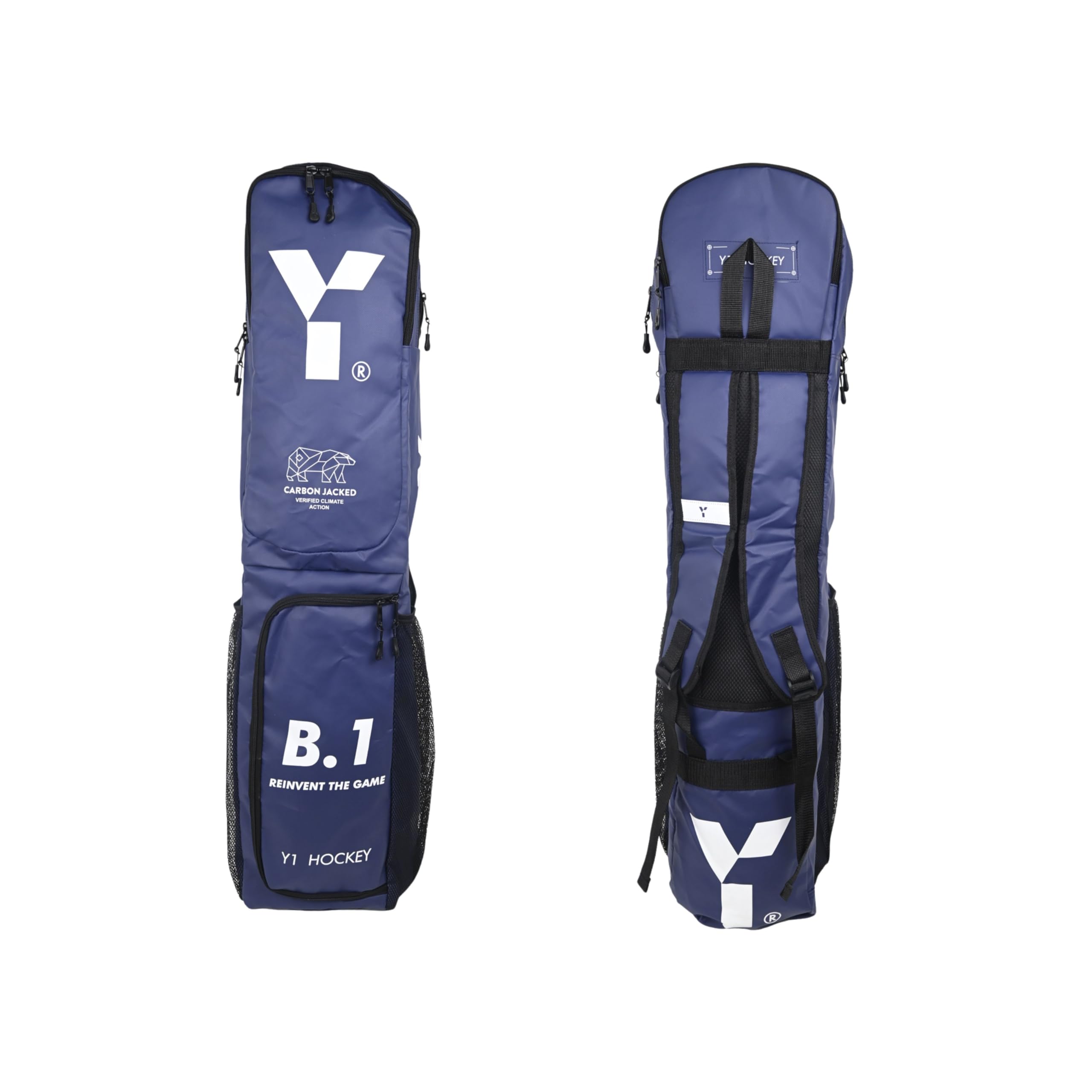 Y 1 bolsa para palos de hockey, B.1 Elite, correas acolchadas, llevar todo para el partido, compartimentos separados, espacio para 6 palos, 75 L, azul marino/blanco