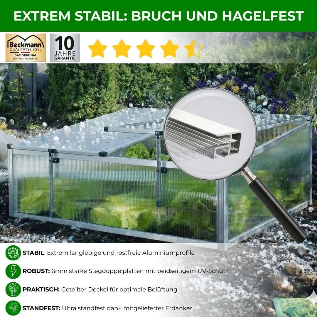 Beckmann FS1 Frühbeet Typ Allgäu Modell 1 [10 Jahre Garantie] I Extrem stabil: Hagelfeste 6mm Stegdoppelplatten I Made in Germany I UV-Schutz I Premium Aluminium Mini Gewächshaus I 100x90cm