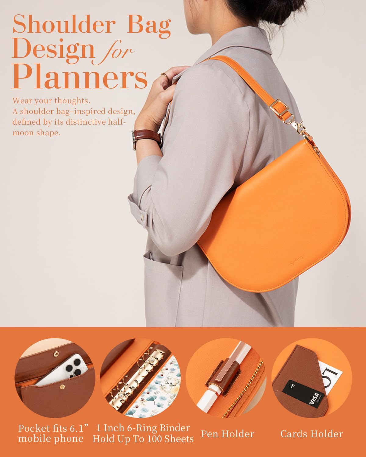 EGOSUNNY®The Luna Leather Journal, A6 6-Ring Refillable Binder (4.9" x 7.4") with 3 Detachable Notebooks and Metal Ballpoint Pen – Convertible Shoulder Bag – Planner for Work, School & Personal Use