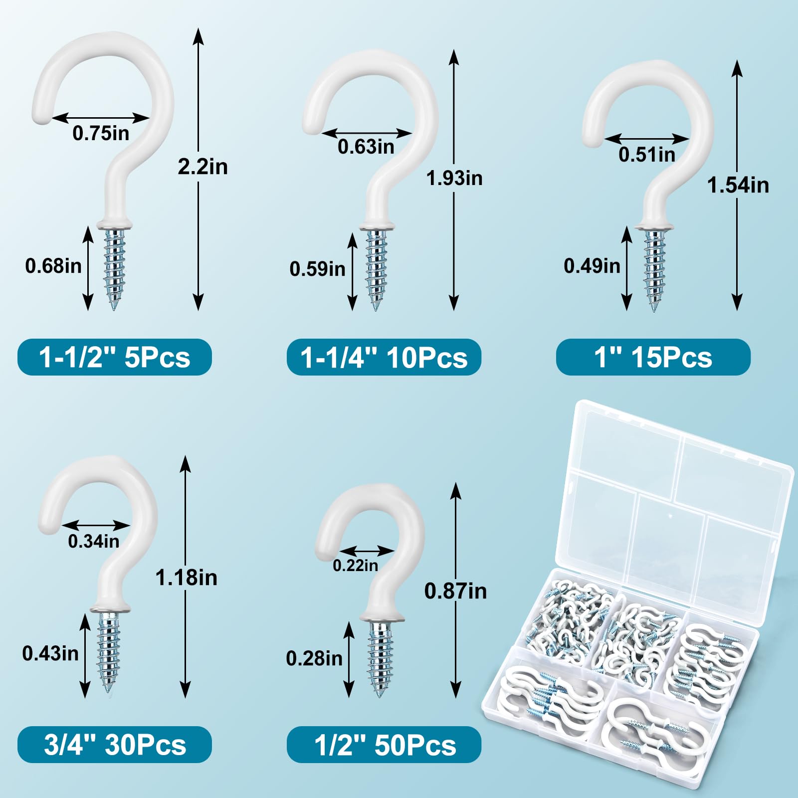 Pylevemv 110Pcs Premium Screw Hooks, White Vinyl Coated Cup Hooks, 5 Sizes Hook Screws, from1/2 in Small Hooks to 1-1/2 in Ceiling Hooks Heavy Duty, Screw in Hooks for Hanging Plants, String Lights