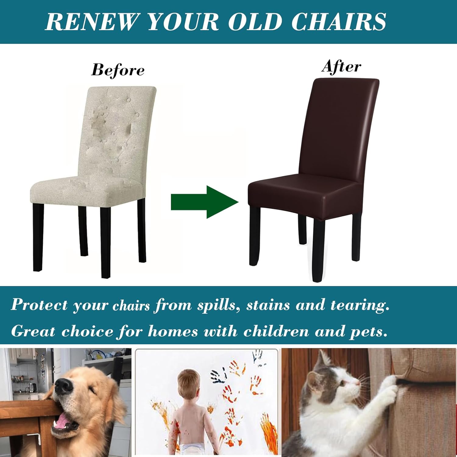 HFCNMY Dining Room Chair Covers Set of 6, Waterproof PU Slipcovers, Soft Washable Parson Chair Covers for Dining Room 6 Pack