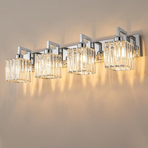 FDPBY Moderna lámpara de pared de cristal para baño, 4 luces, cromada, moderna lámpara de pared de cristal para baño, iluminación de tocador de