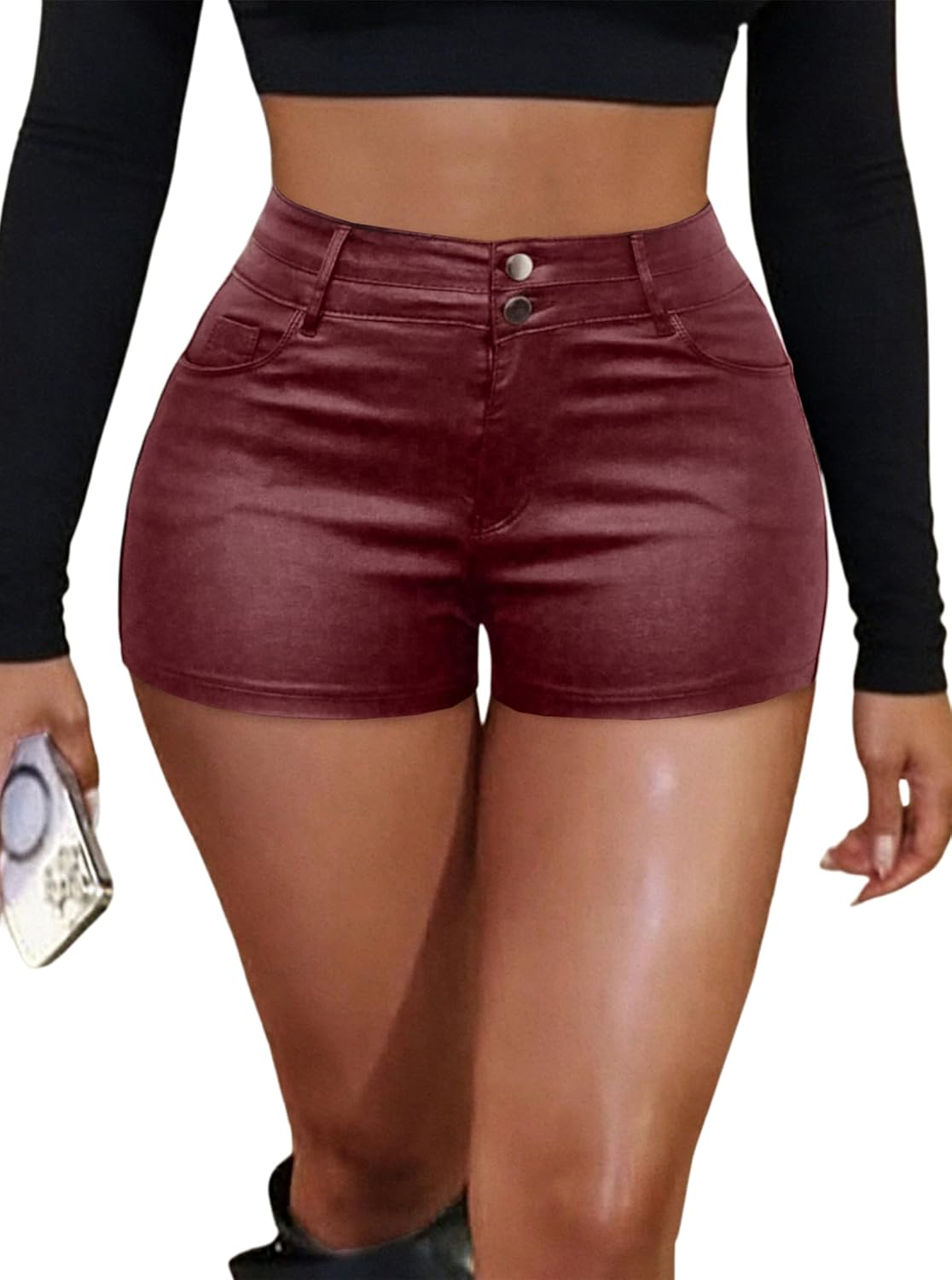 SOFIA'S CHOICE Women's Faux Leather Shorts High Waisted Roll Hem Pleated Mini Short with Pockets - Image 2