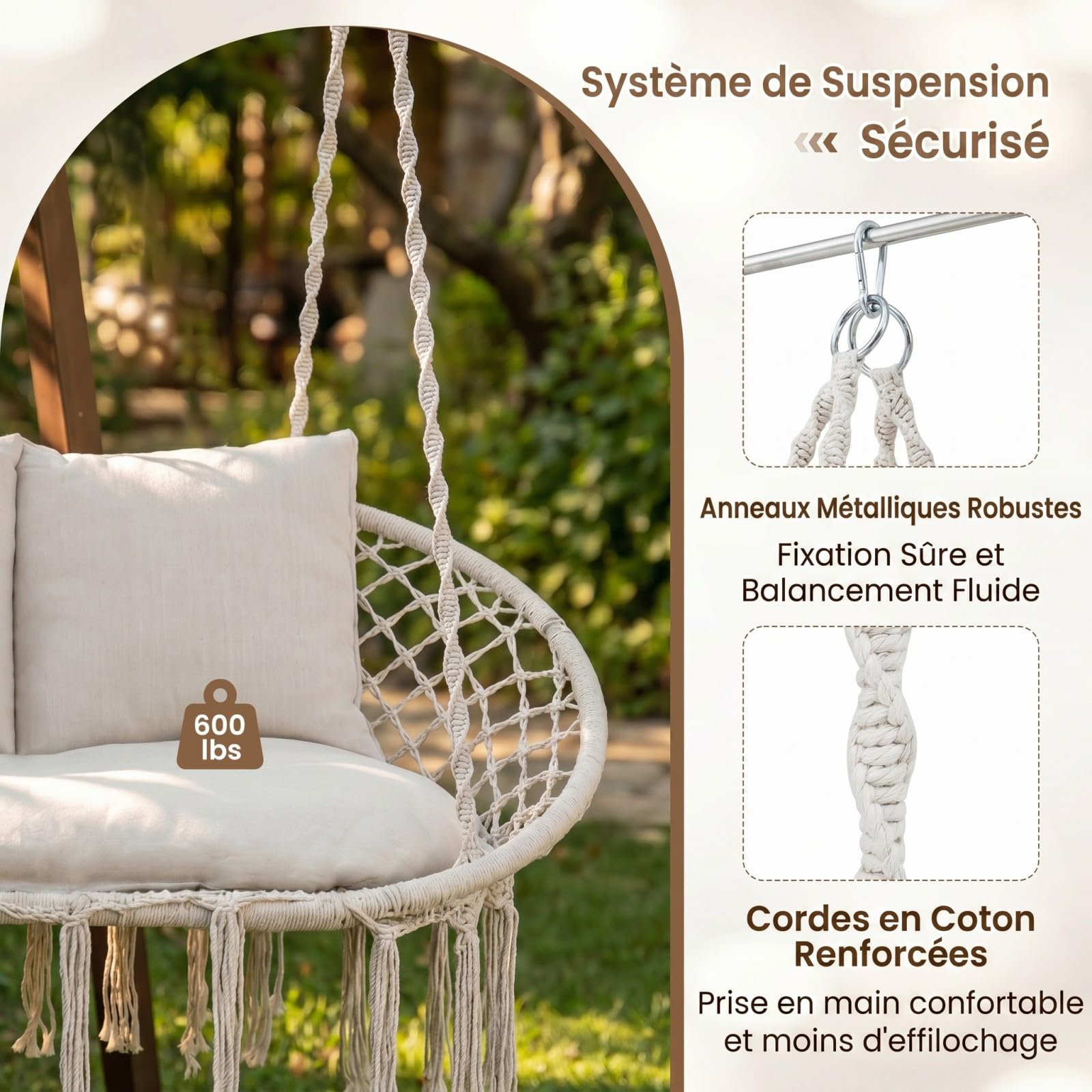 COSTWAY Fauteuil Suspendu 2 Personnes avec 3 Coussins, Charge 250 kg