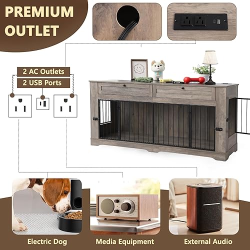Miniatura 30 de Muebles grandes para jaula para perros, jaula decorativa resistente para interiores, mesa auxiliar de madera para perros con estación de carga, casa