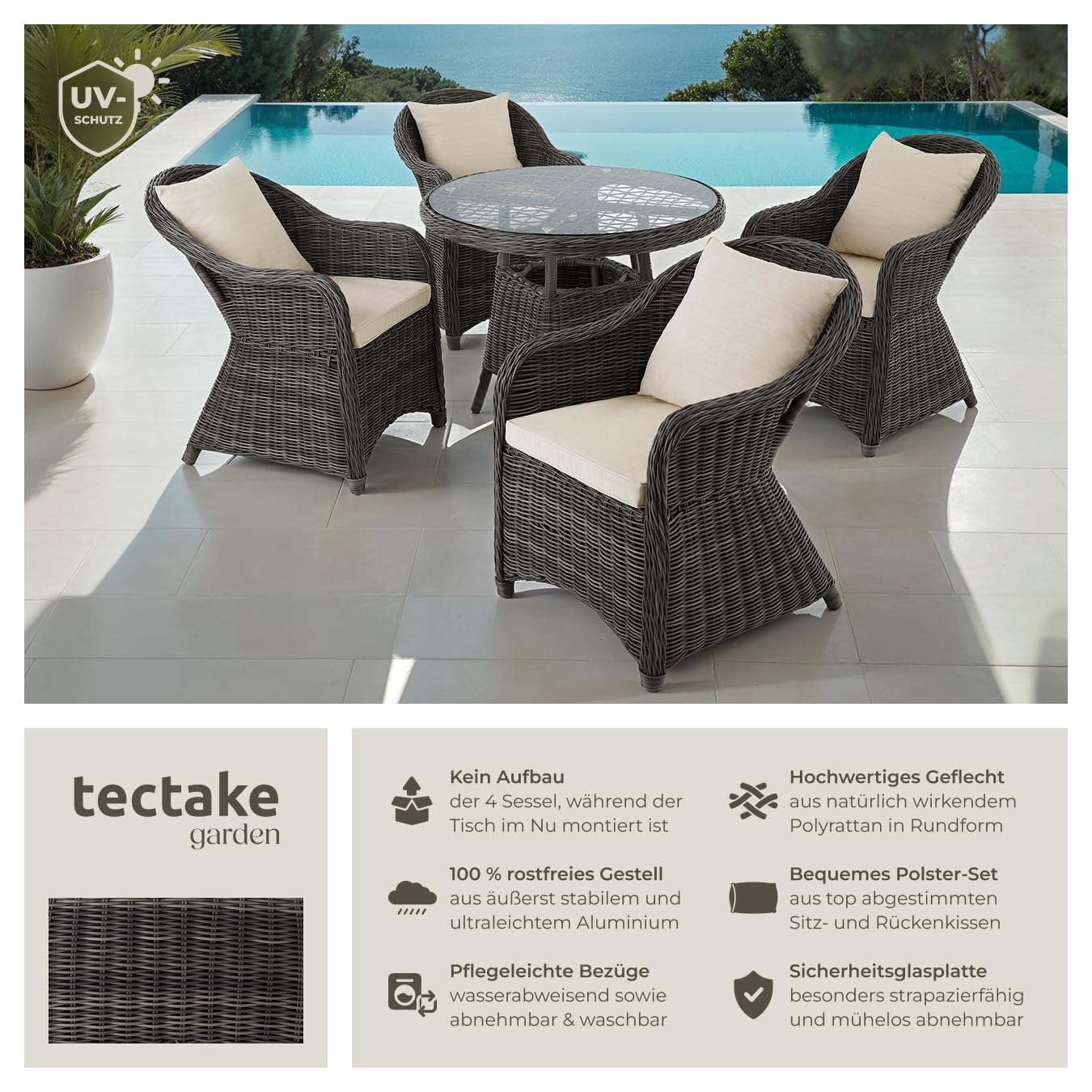 tectake® Sitzgruppe, Rattan Gartenmöbel Set, 1x Tisch und 4X Stuhl, Möbel wetterfest als Lounge im Wintergarten, Balkonmöbel, Gartensessel, Terrassenmöbel - grau
