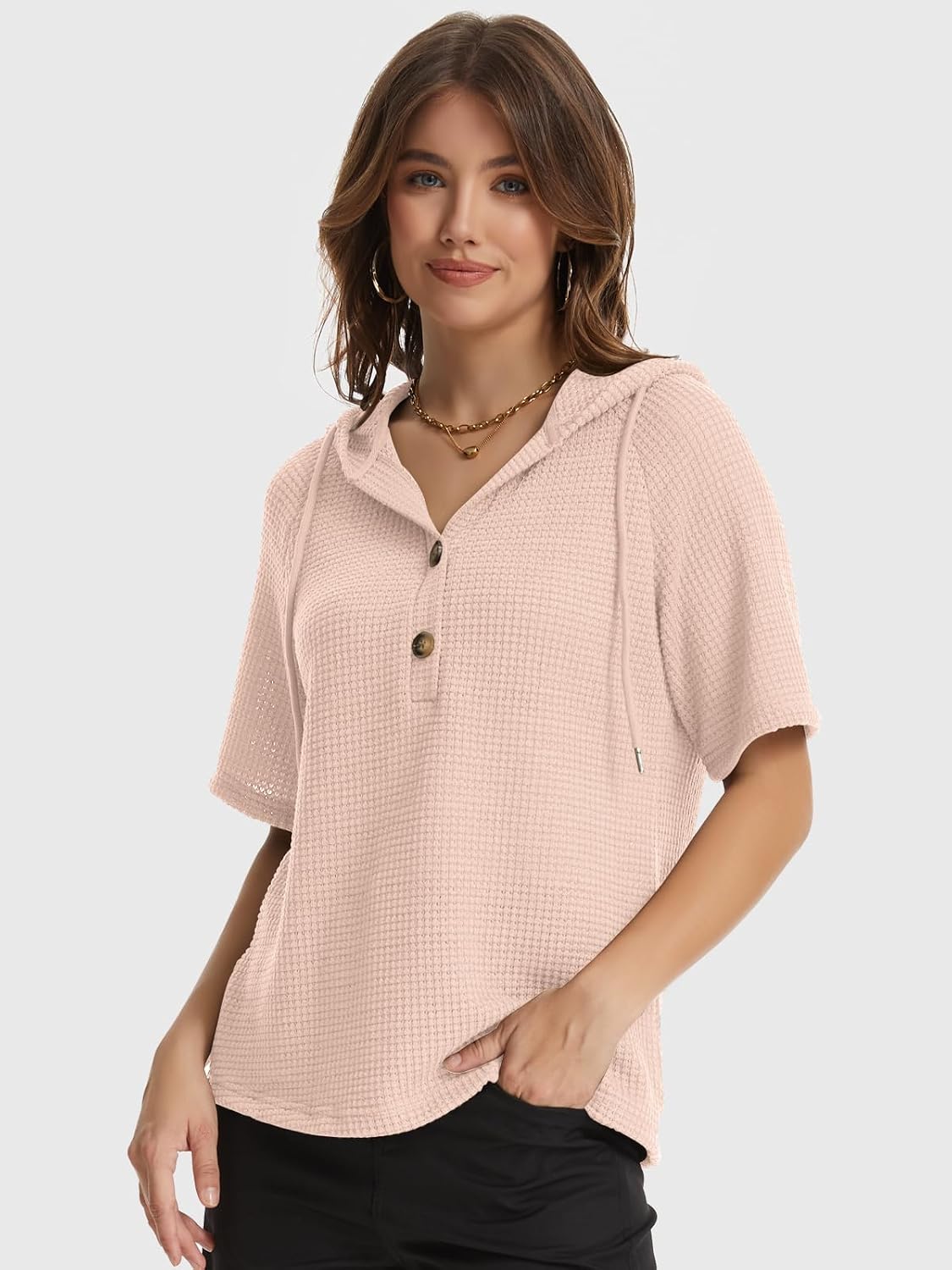 Womens Oversized Waffle Knit Hoodies Sweatshirt Casual Drawstring Button V-Neck Pullover for Daily Wear and Travel