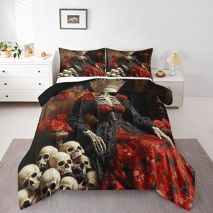 Erosebridal Sugar Skull Bedding Set for Woman Couple Lover Comforter Set Full Rose Flowers Printed Down Comforter for Men Adults Bedroom Romantic Love Themed Quilt Set