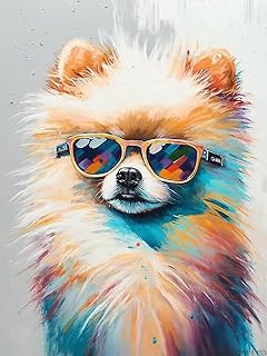 QACEYID Diamond Painting Kits for Adults, Dog with Sunglass Full Drill Diamond Art Pomeranian Painting by Number Kits, Cute Animals Diamond Gem Art Wall Home Decor 12x16inch