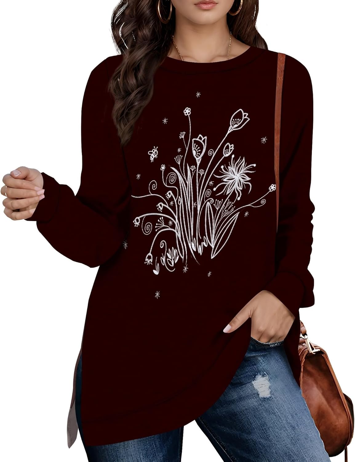 Womens Pullover Sweatshirts Fall Side Split Design Flowy Sweatshirts Loose Long Sleeve Pullover Vintage Street Wear