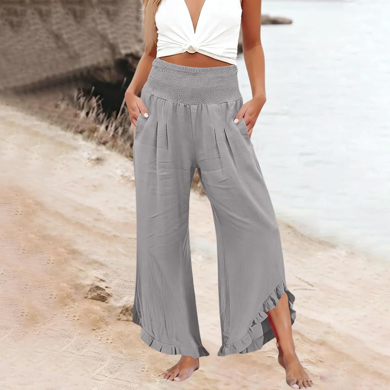 eoeioa Linen Pants Women Trendy Smocked Ruffled Hem Wide Leg Pants Casual Lightweight Summer Vacation Beach Trousers Pockets - Image 5