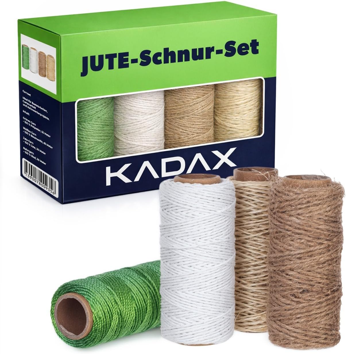 Set of 4 Twine - Jute Twine 30 m, Sisal Rope 30 m, Polypropylene Parcel Cord 55 m, Cotton Cord 65 m - 1 mm Cords for Garden, Crafts, Packaging & DIY