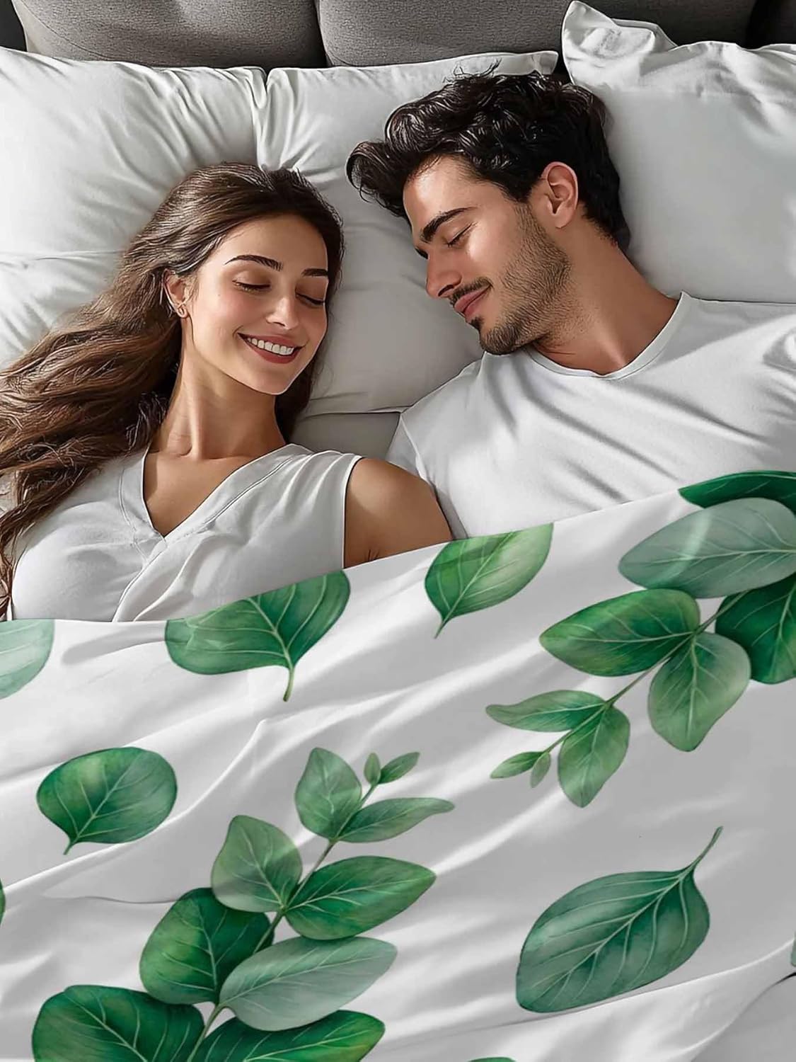 Top Sheet Queen Bedding Flat Sheet Only, Watercolor Eucalyptus Leaves Microfiber Bed Sheets Soft Breathable Bedding Flat Sheets, Green Botanical Foliage Hotel Luxury Top Sheets