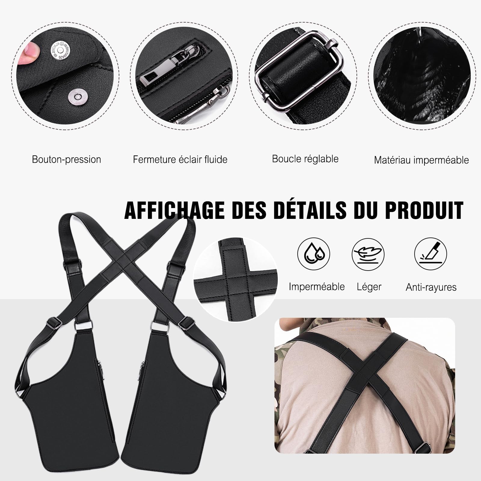 FANDARE Antivol Sac Poitrine Sac sous les bras Sacs de Double Bandoulière en cuir PU Sacoche holster d'Epaule pour Homme Femme Voyage Randonnée Vélo Camping Excursion Impermeable Sling Crossbody bag