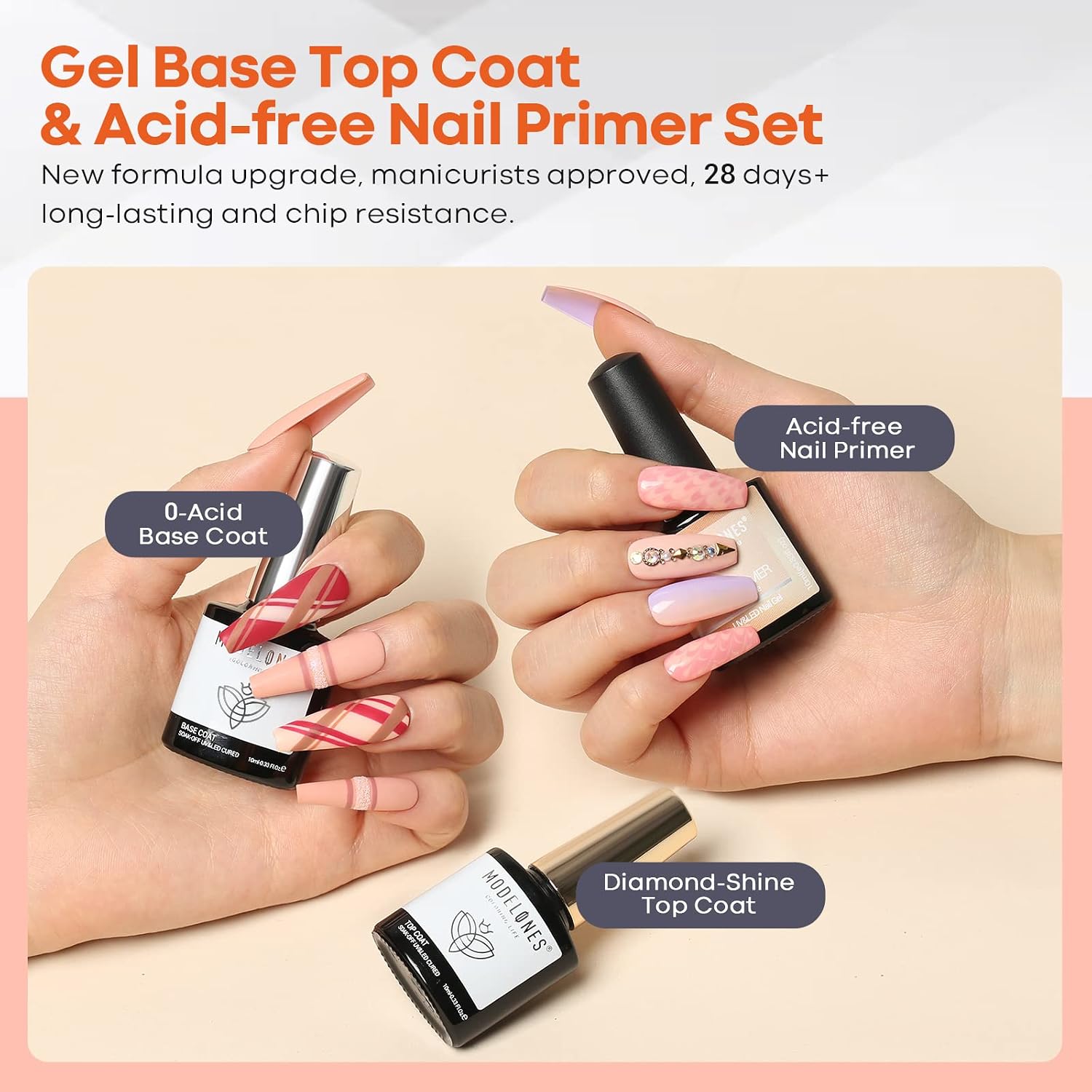 modelones Gel Top Coat and Base Coat With Nail Primer Set, 3Pcs No Wipe Base and top coat Gel Nail Polish Nail Bond Primer, 10ml New Upgraded Formula Long-Lasting Gel Nail kit